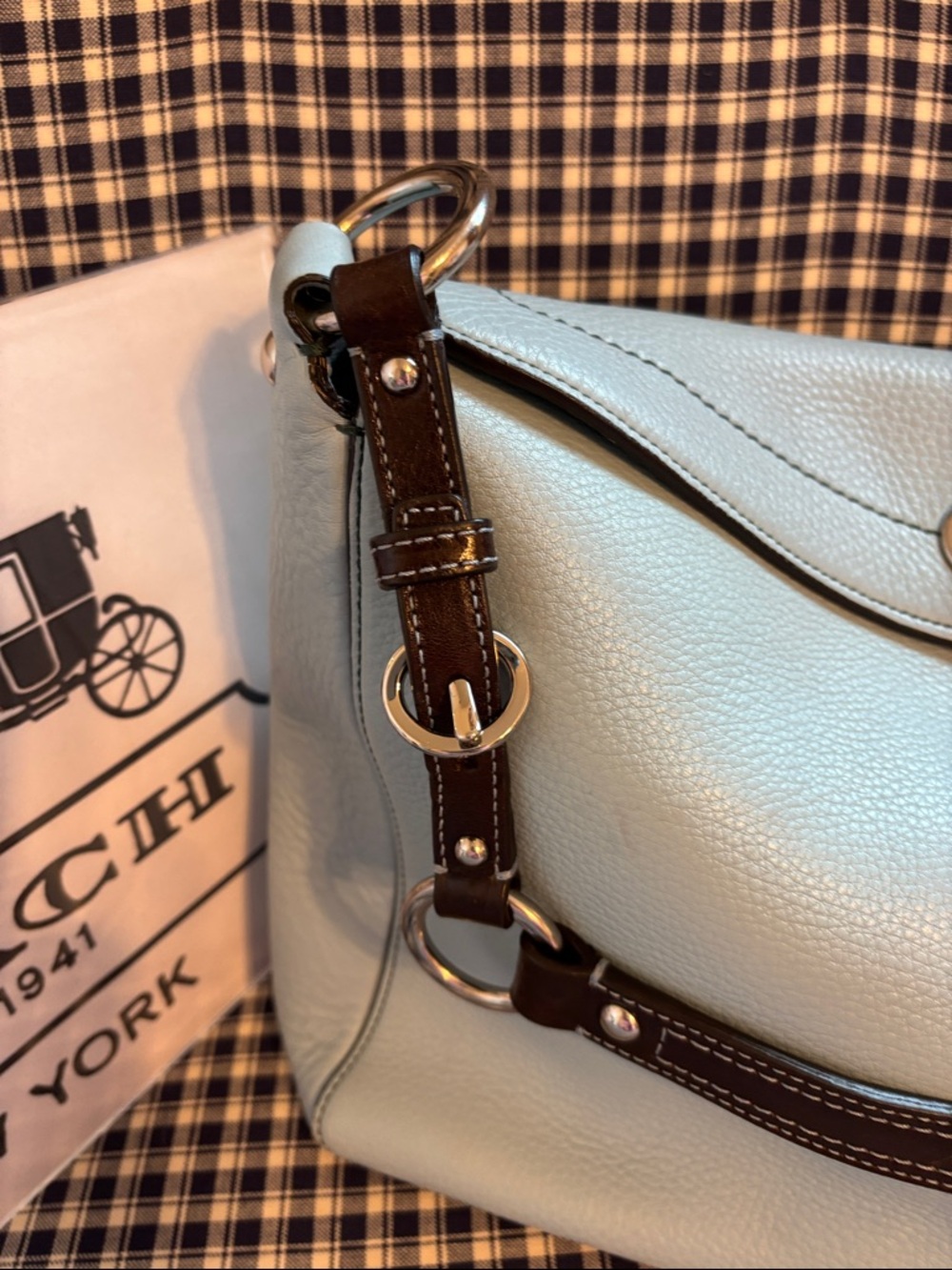 Coach Pebbled Leather Shoulder Bag in robin’s egg Blue with Dark Brown Trim - Picture 5 of 13